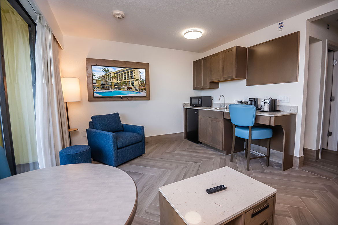 hotel room by the water